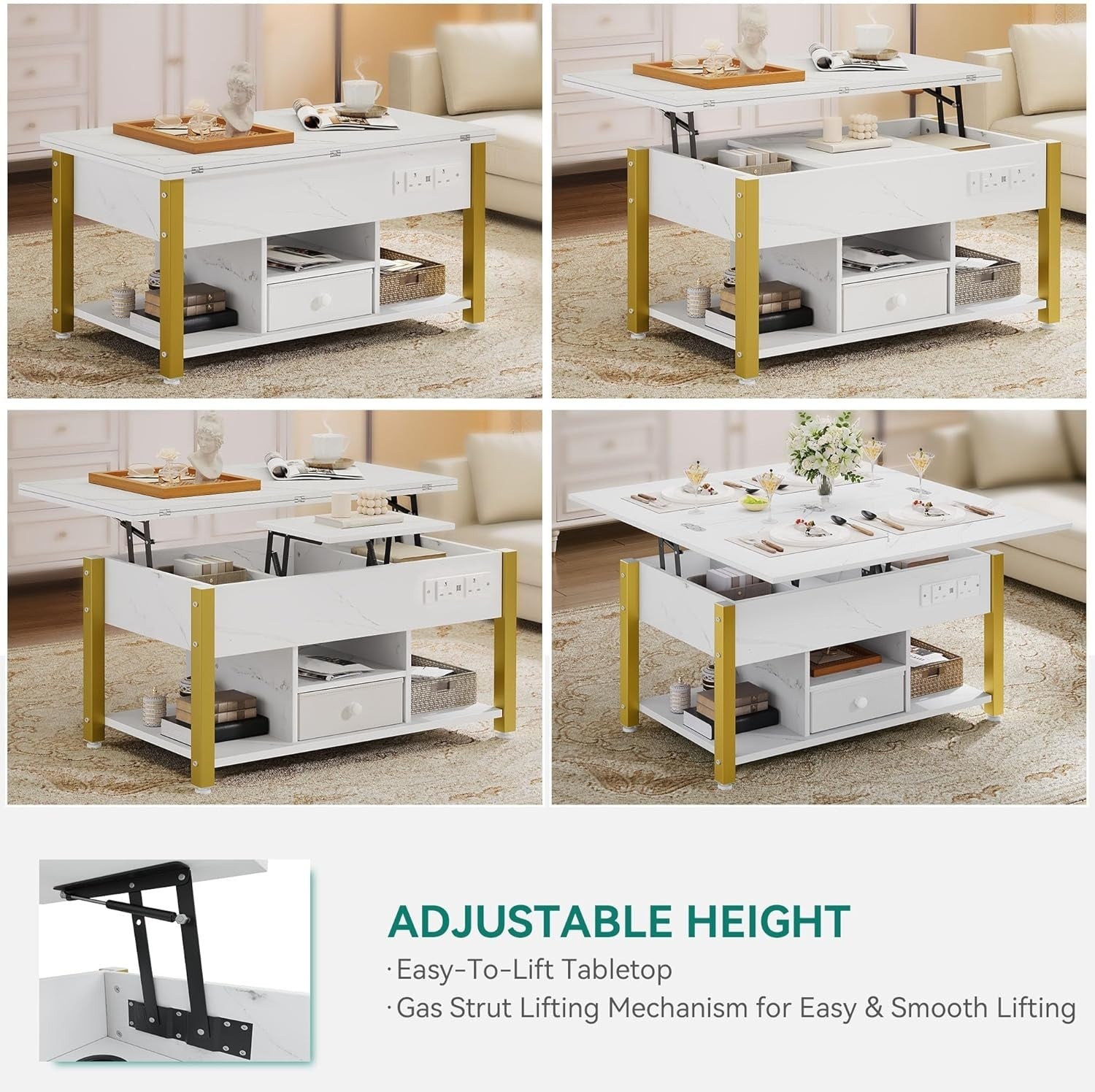 Folding Lift Top Coffee Table with Storage, USB & LED Lights, White Marble