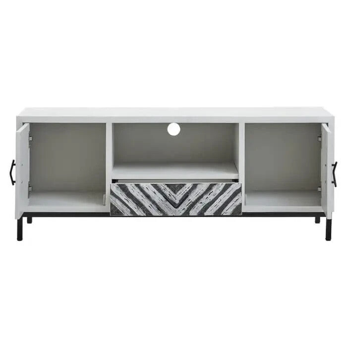 Boho TV Unit White Black Frame Media Console with Geometric Pattern Doors