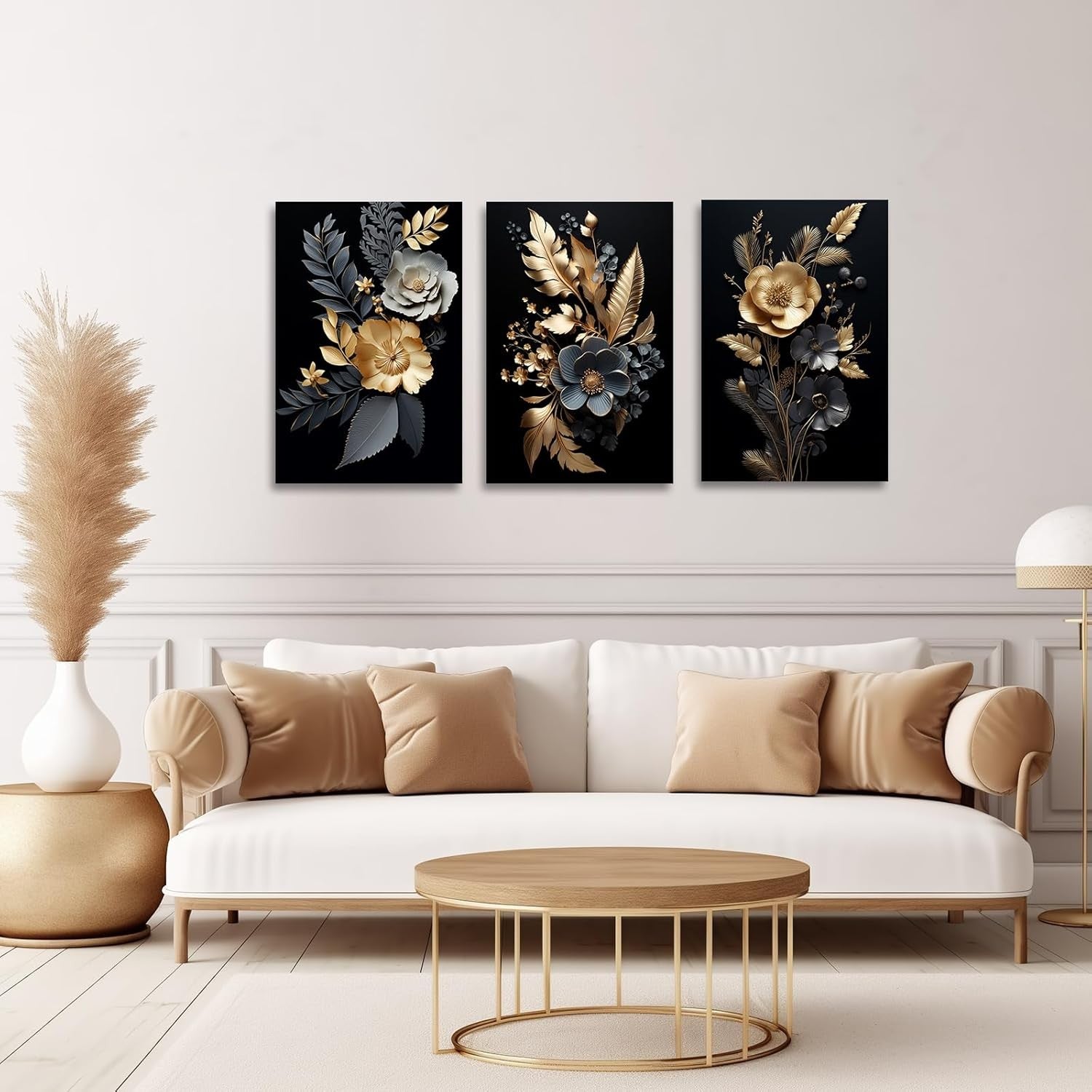 Black Gold Floral Canvas Wall Art Framed 16x24in