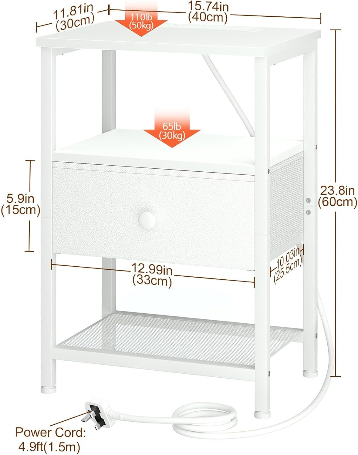 White Bedside Table with Charging Station Small Nightstand Drawer & Shelf