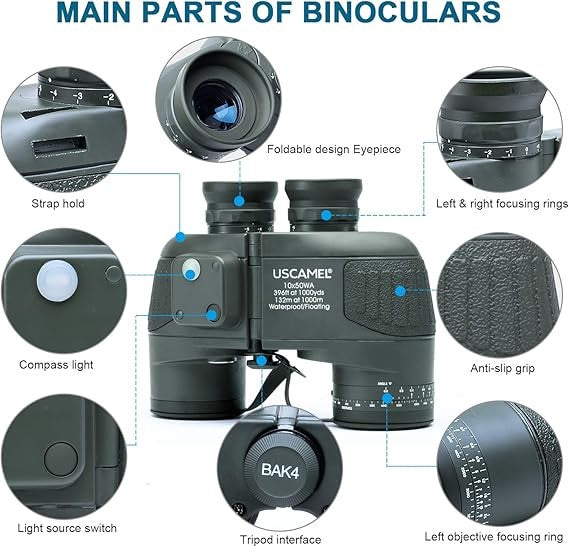10x50 Marine Waterproof Binoculars with Compass & Rangefinder for Boating