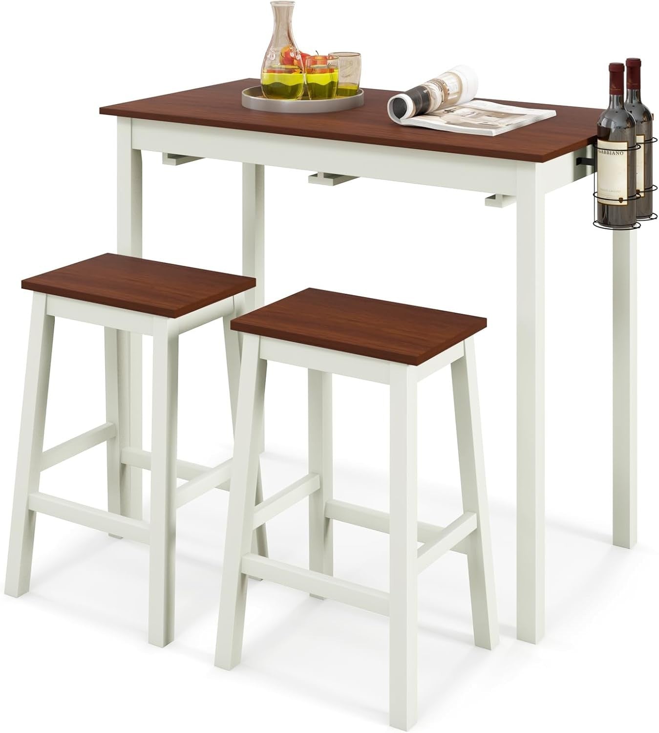 3-Piece Bar Table Set with Stools, Wine Racks & Shelves, Cream White/Walnut