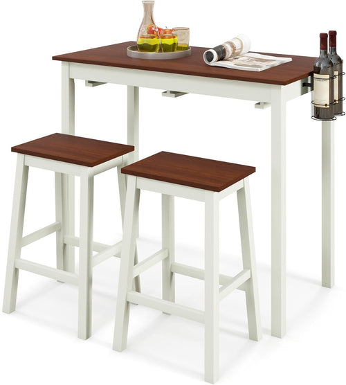 3-Piece Bar Table Set with Stools, Wine Racks & Shelves, Cream White/Walnut