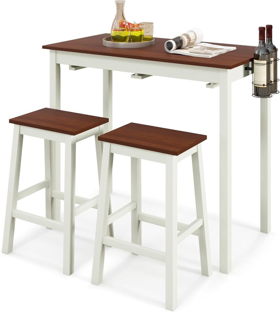 3-Piece Bar Table Set with Stools, Wine Racks & Shelves, Cream White/Walnut