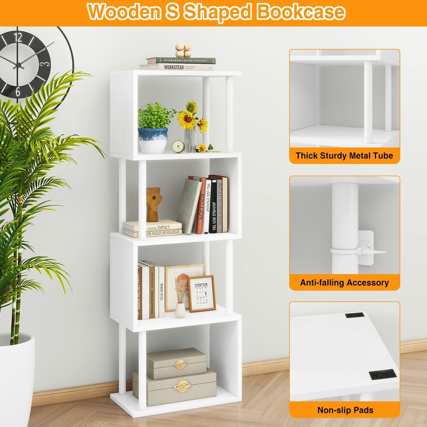 5 Tier S Shaped Bookcase White Modern Wood Display Storage Shelf 155cm