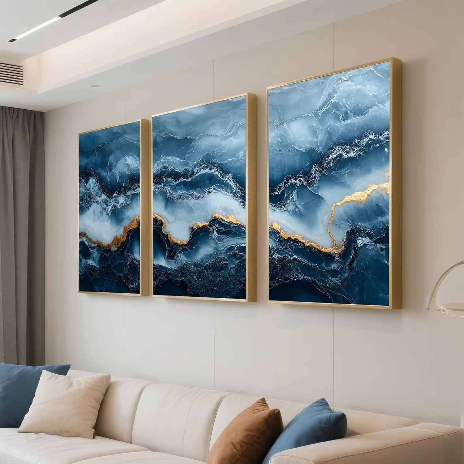 Large Abstract Wall Art Set of 3 Navy Blue Gold Framed Prints 16x24 Luxury Decor