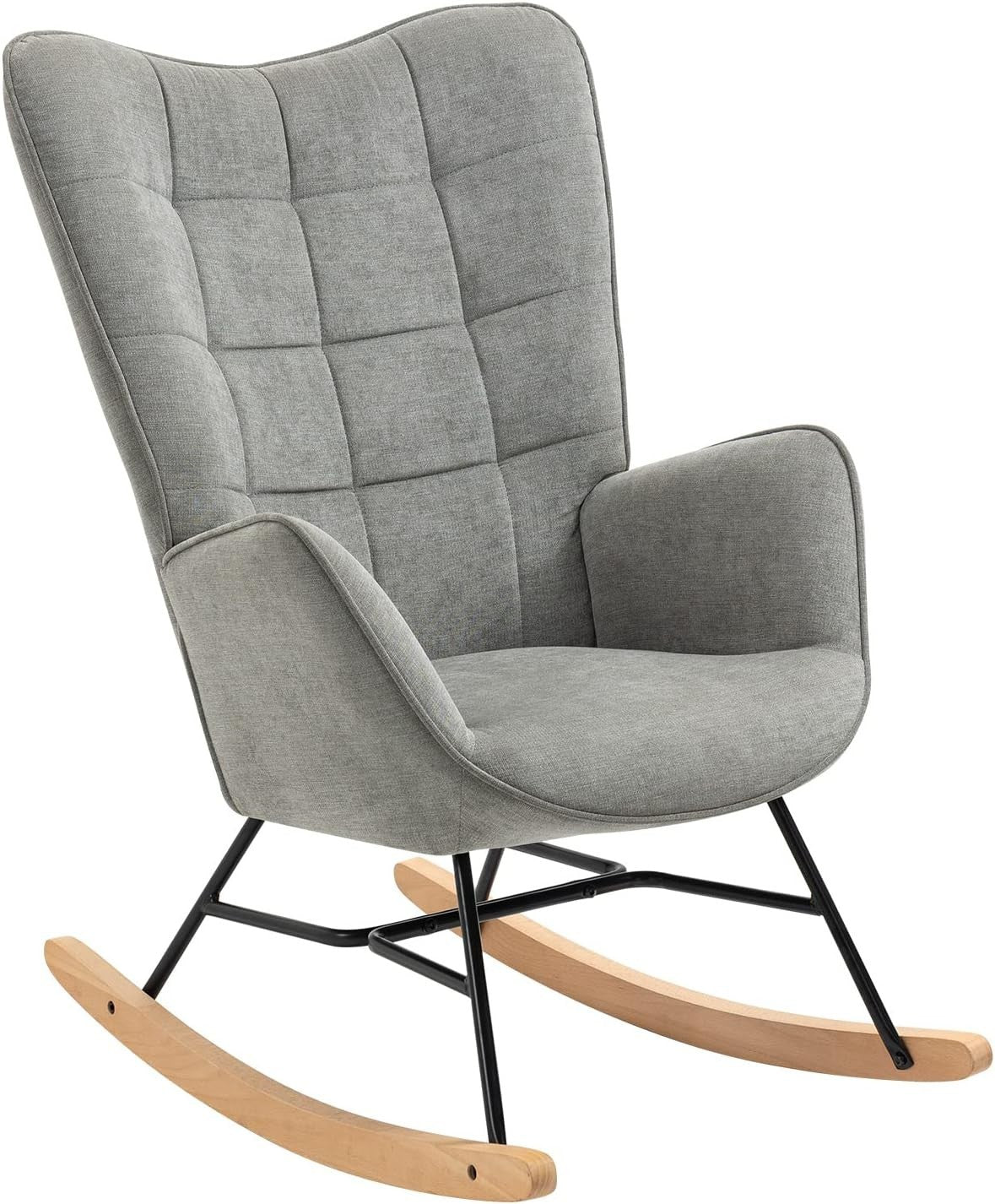 Grey Rocking Chair for Nursery w/ High Back, Fabric Seat & Wood Base