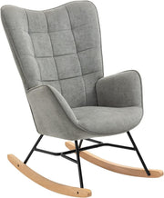Grey Rocking Chair for Nursery w/ High Back, Fabric Seat & Wood Base