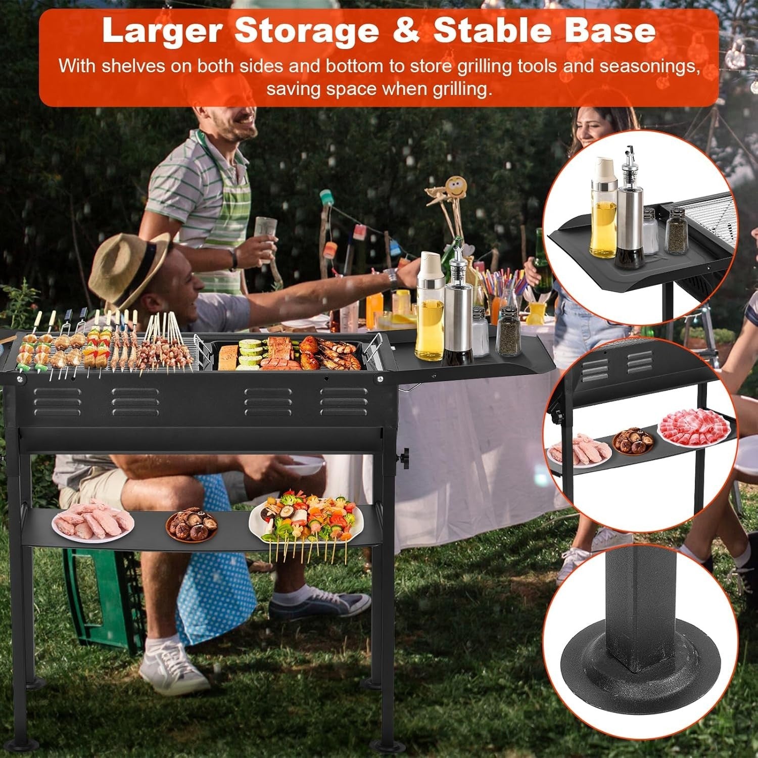Portable Charcoal BBQ Grill with Storage Shelf Adjustable Height Outdoor Camping