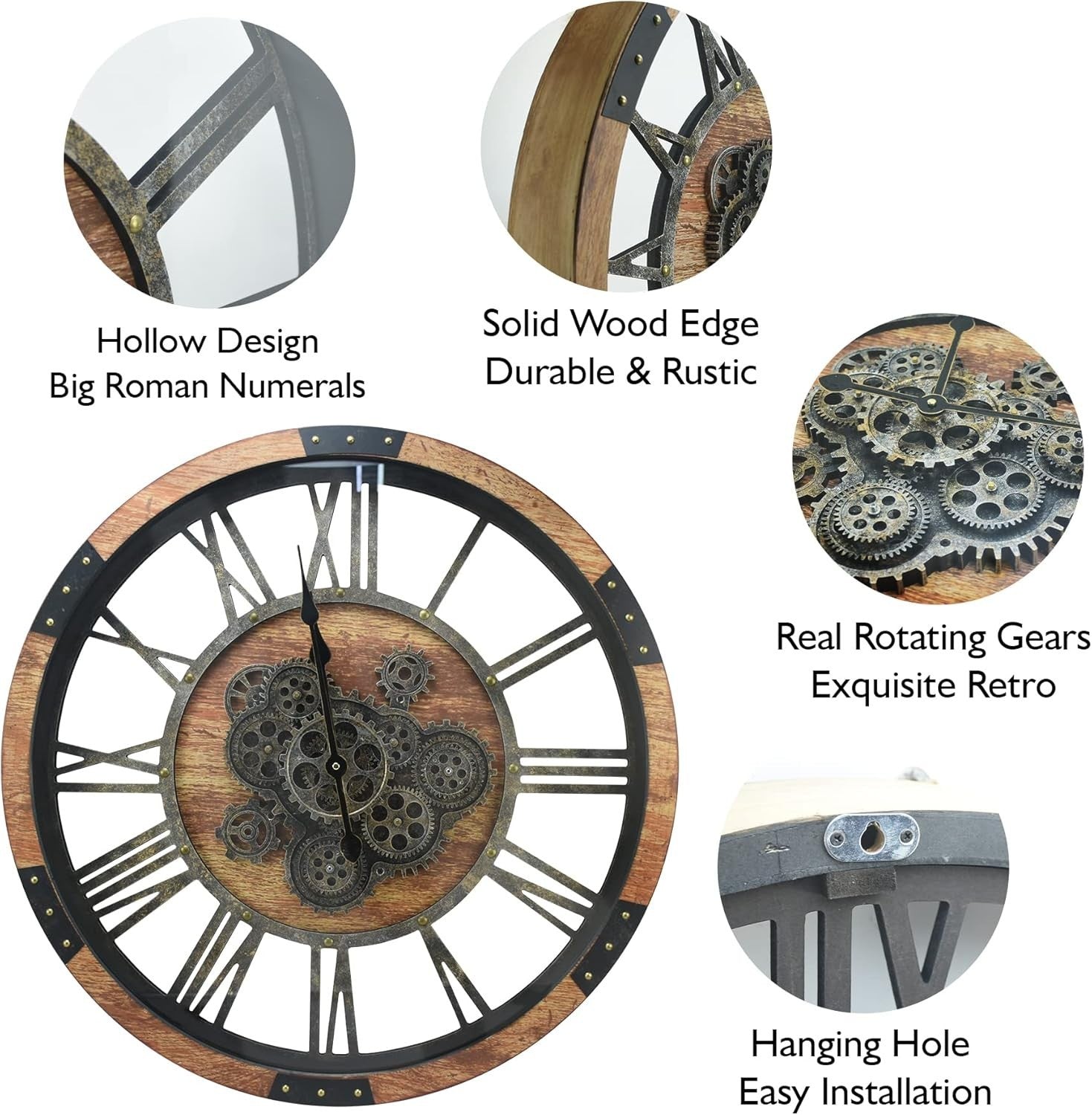 Vintage Industrial Large Wall Clock Rustic Steampunk Wooden Moving Gears