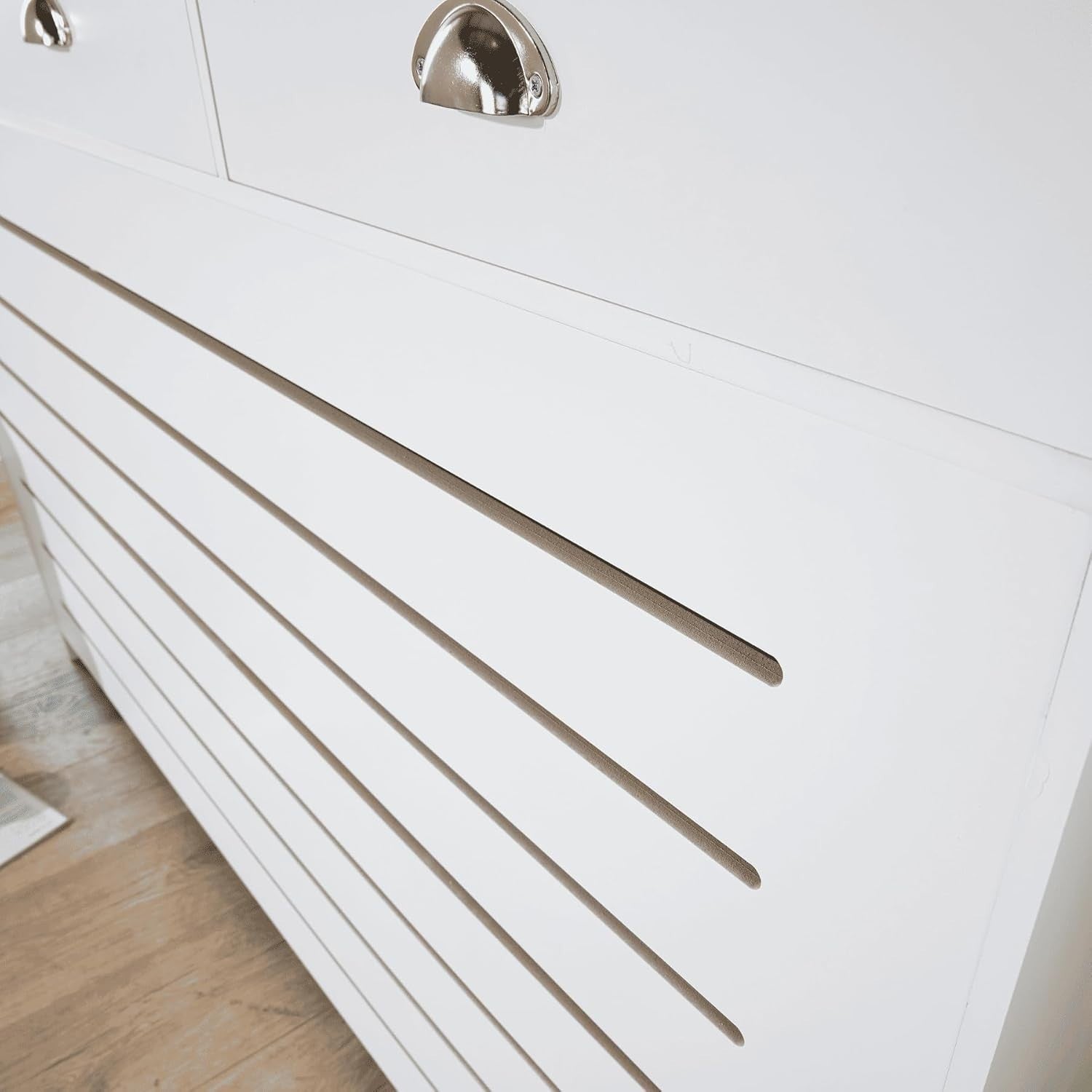 White Radiator Cover with Drawer & Oak Shelf Modern Slatted Cabinet 150cm