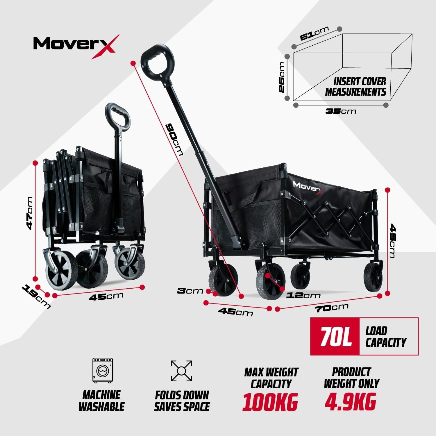 Black 120L Folding Camping Wagon Wide Wheel Festival Trolley Adjustable Handle