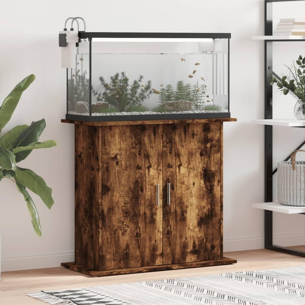 Rustic Fish Tank Stand with Storage – Smoked Oak Wood Cabinet Unit 81cm