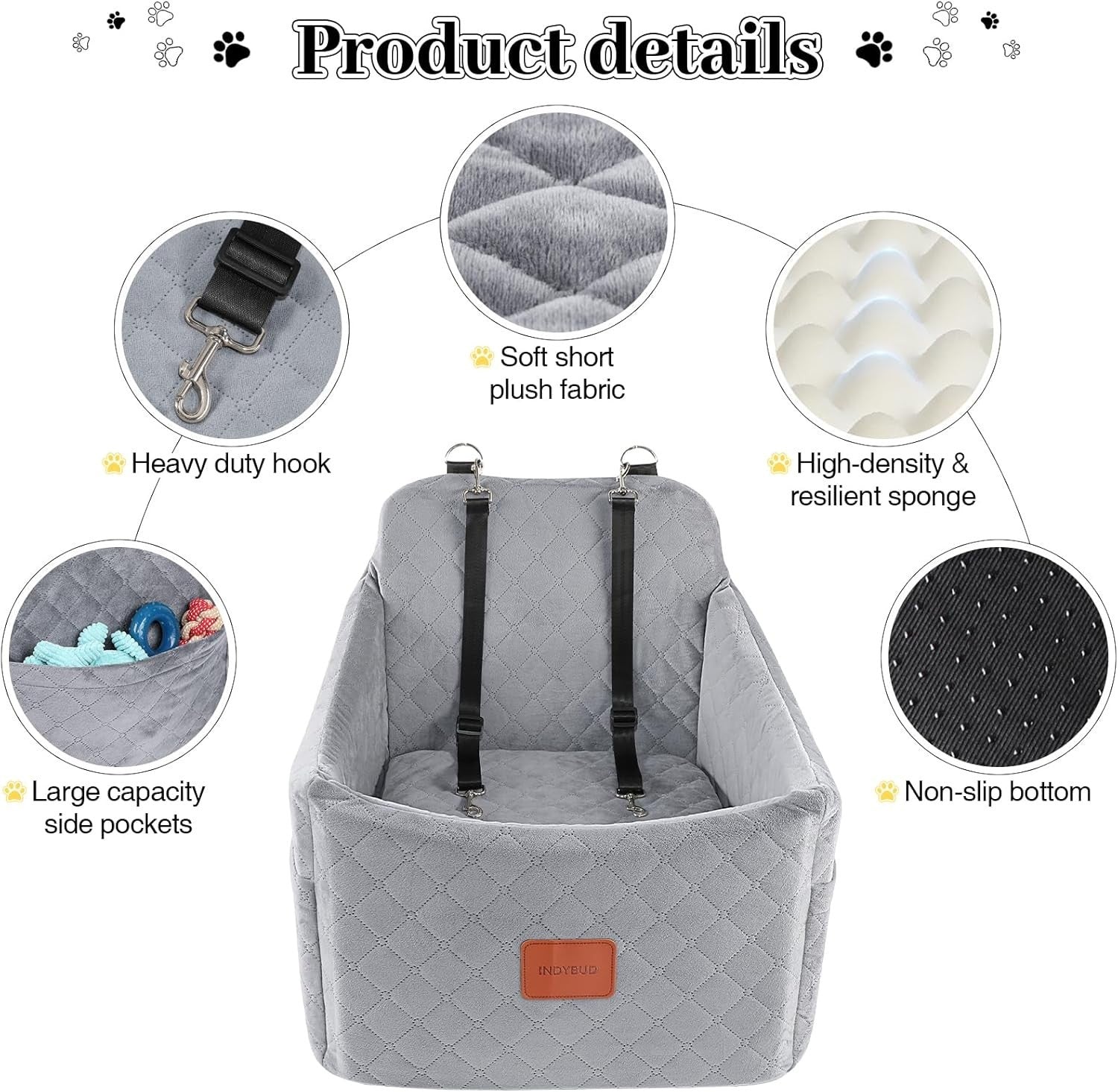 Dog Booster Car Seat Memory Foam Travel Bed Washable Cover 35lb Grey