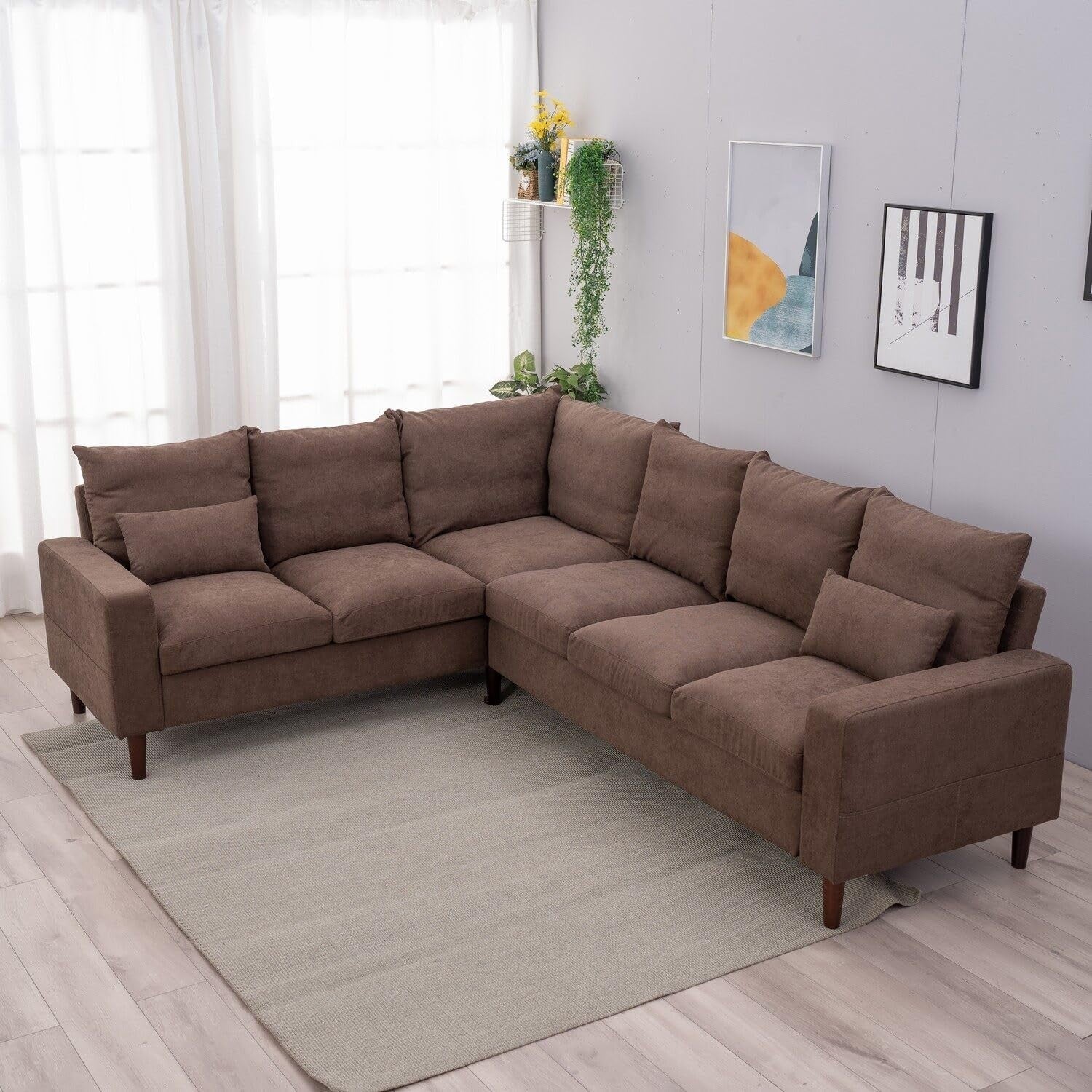 6 Seater L Shape Corner Sofa Brown Linen Modern Large 3+2 Lounge Couch