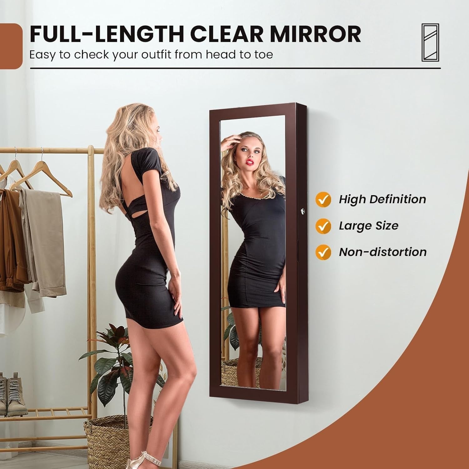 Wall Mounted Jewelry Cabinet LED Lighted Full Mirror Lockable Storage
