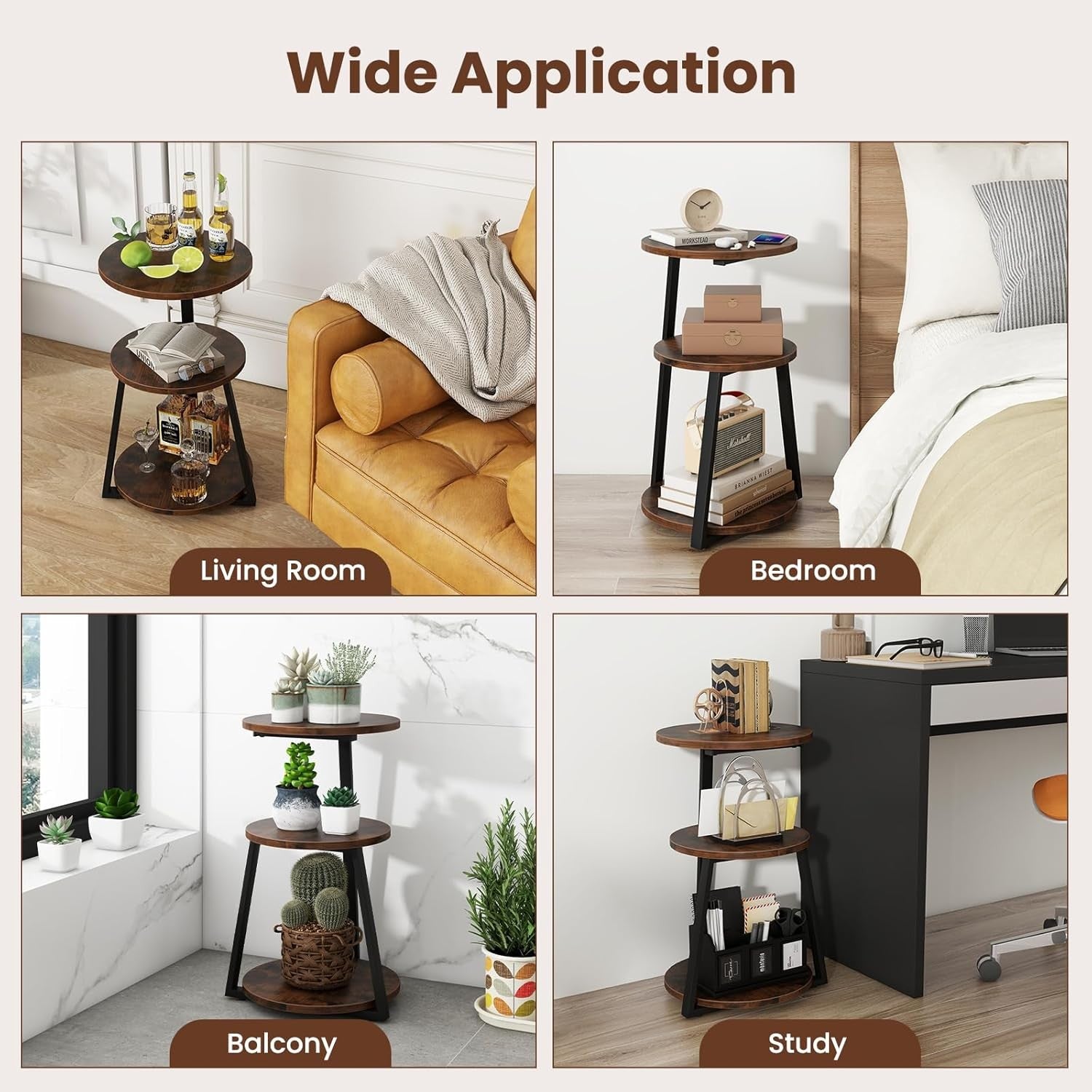 Set of 2 Rustic Brown 3-Tier Round Side Tables – Industrial Bedside Tables 40×55