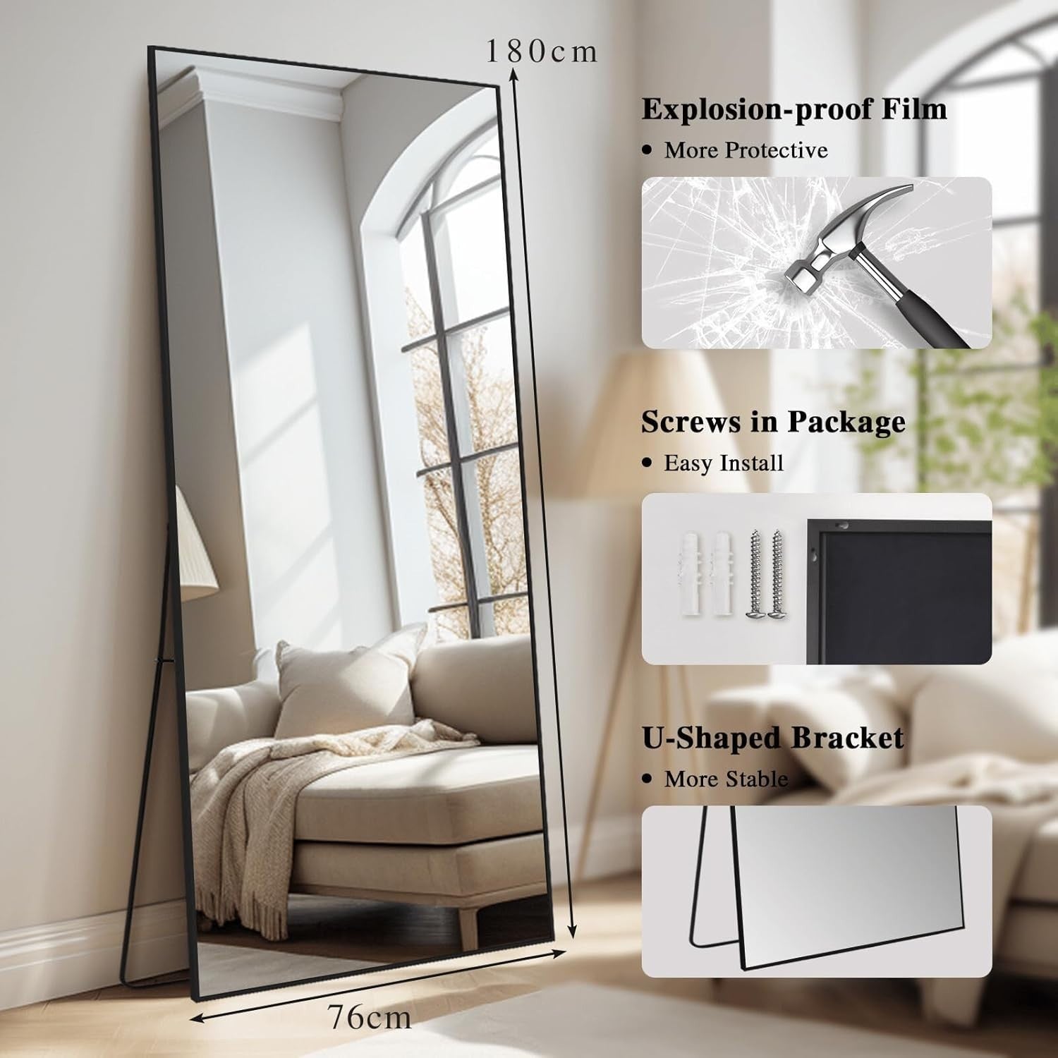 Large Black Frame Full Length Mirror 180x76cm Floor Wall Leaning