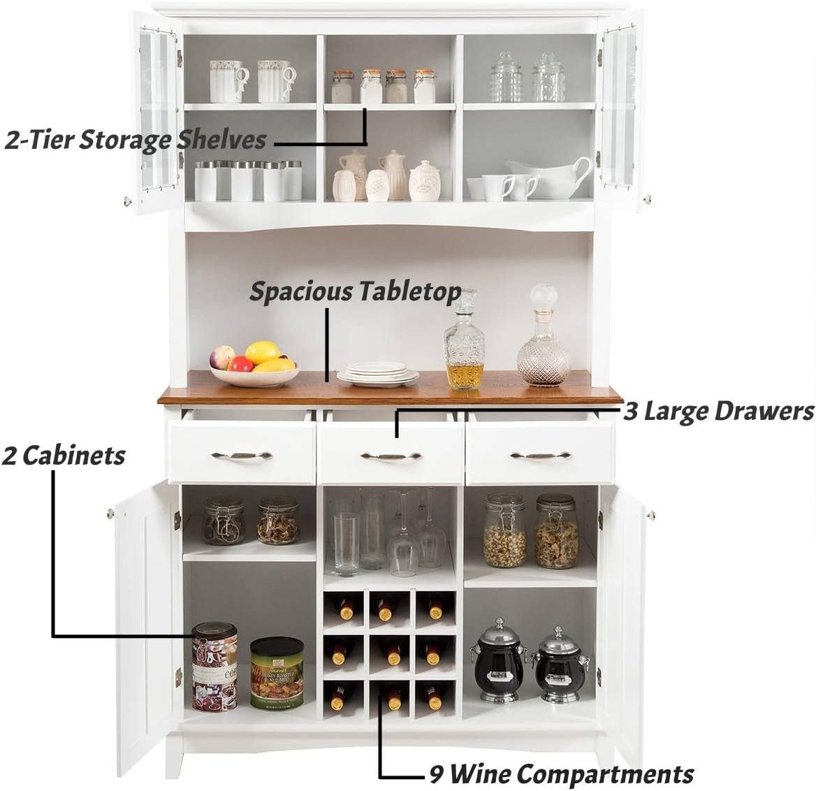 White Kitchen Storage Cabinet 4 Cabinets 3 Drawers 9 Wine Slots 185cm