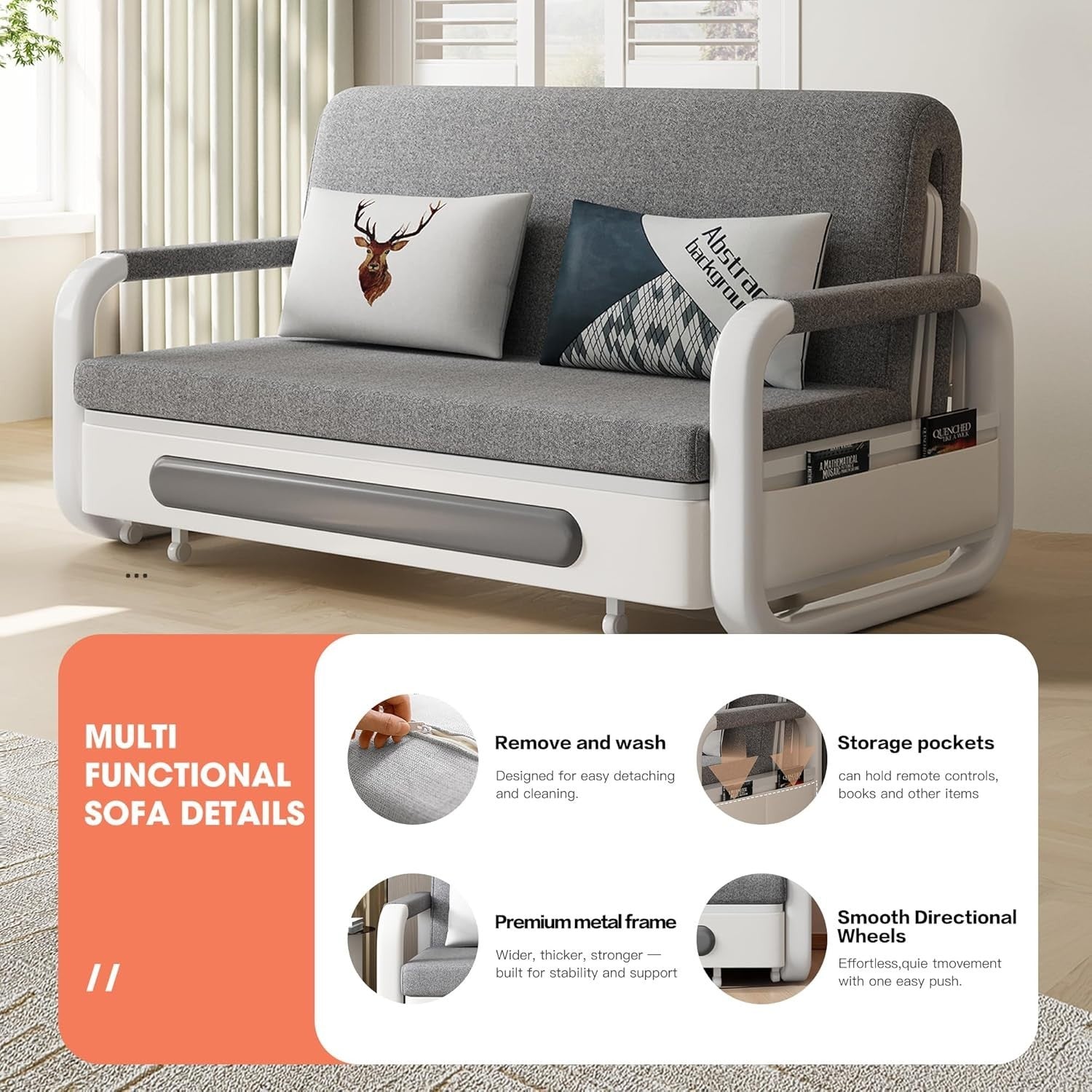 Convertible Sofa Bed Storage Futon Small Spaces Guest Room Grey Modern