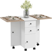 Folding Drop Leaf Dining Table 4-6 Seater on Wheels with Storage Oak and White