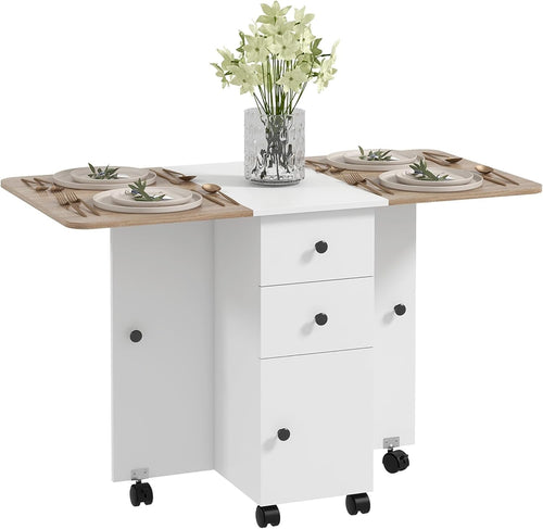 Folding Drop Leaf Dining Table 4-6 Seater on Wheels with Storage Oak and White
