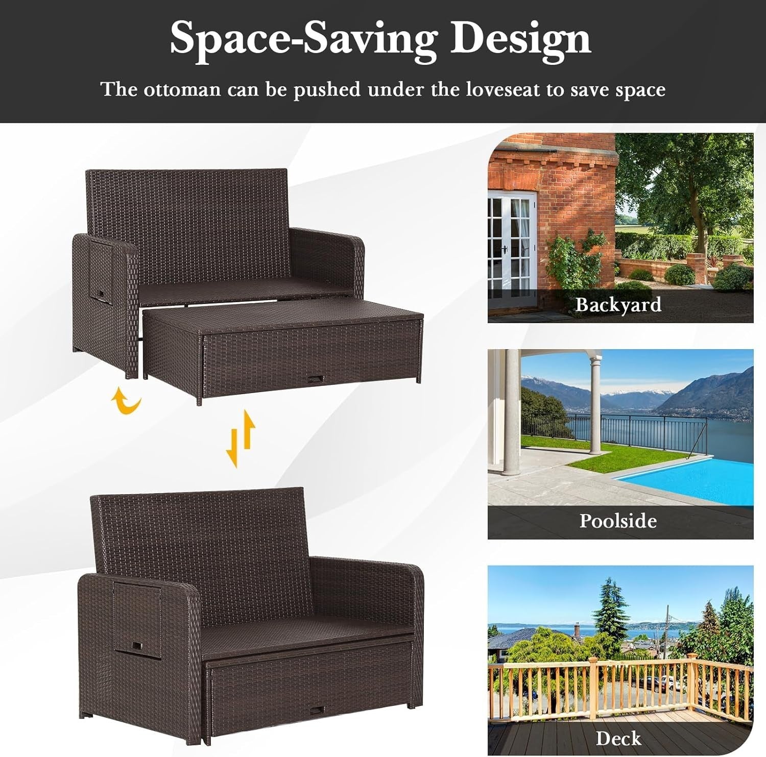 Grey+Brown 2-Seater Rattan Outdoor Daybed with Adjustable Back, Ottoman & Cushio
