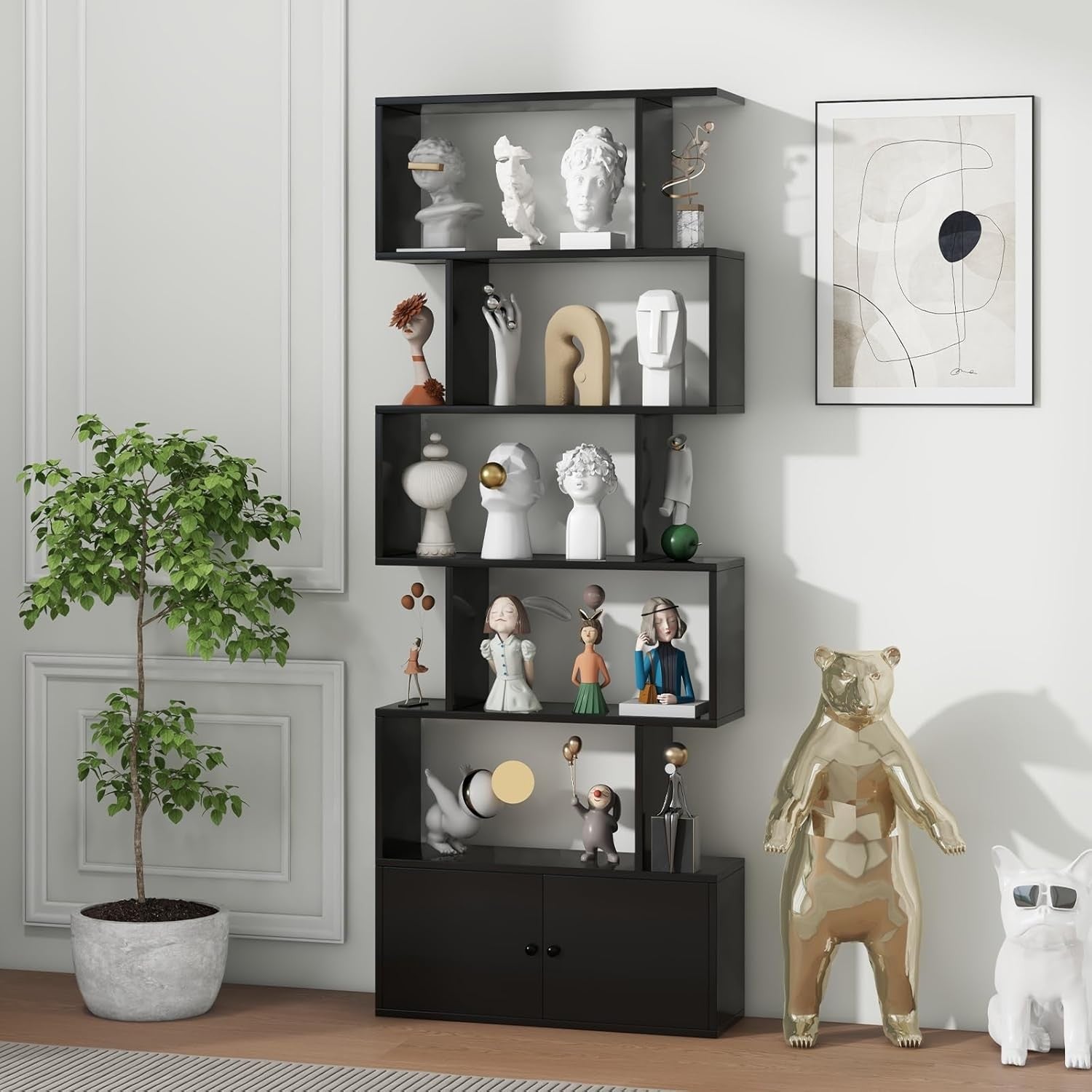 Black S-Shaped 6 Tier Bookcase Tall Freestanding Storage Shelf with Cabinet
