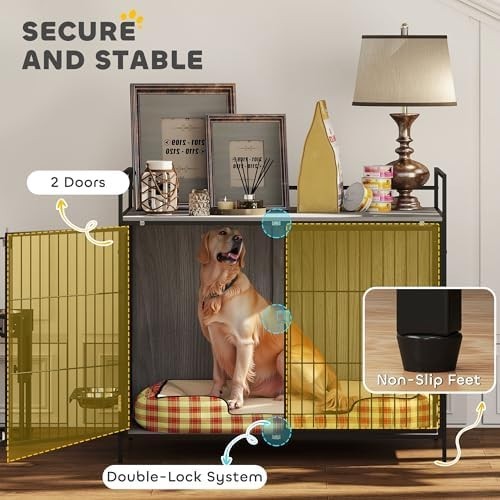Dog Crate Furniture with Feeding Bowls & Storage, Lockable Doors, Grey