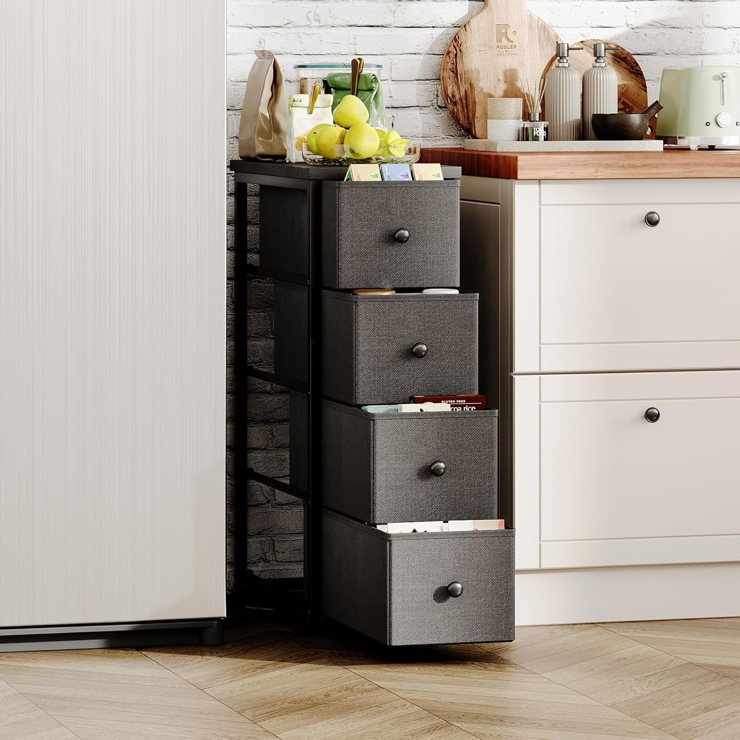Slim Tall 5 Drawer Storage Cabinet Bedroom Narrow Unit with Wood Top Black