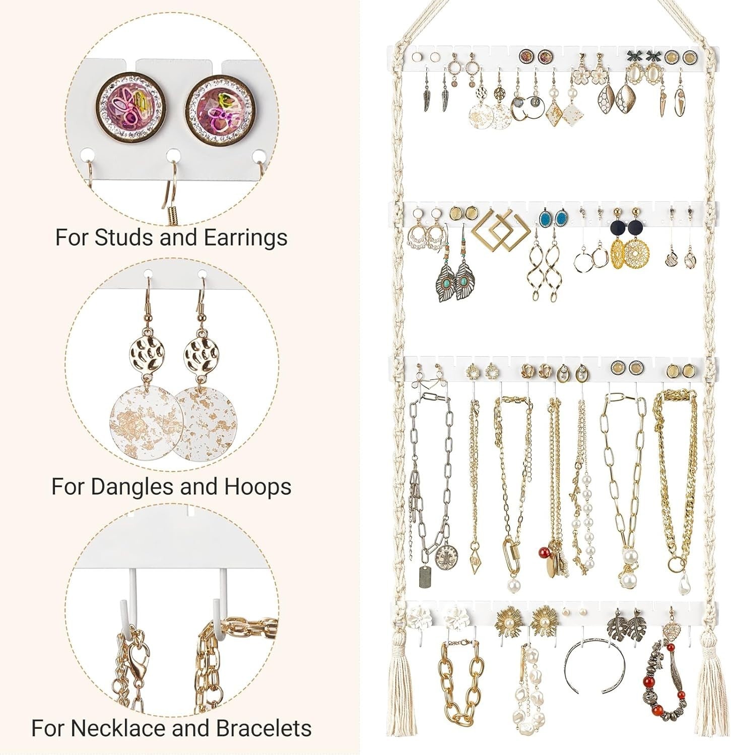 Boho Macrame Jewelry Organizer – Wall Mounted Necklace & Earring Rack
