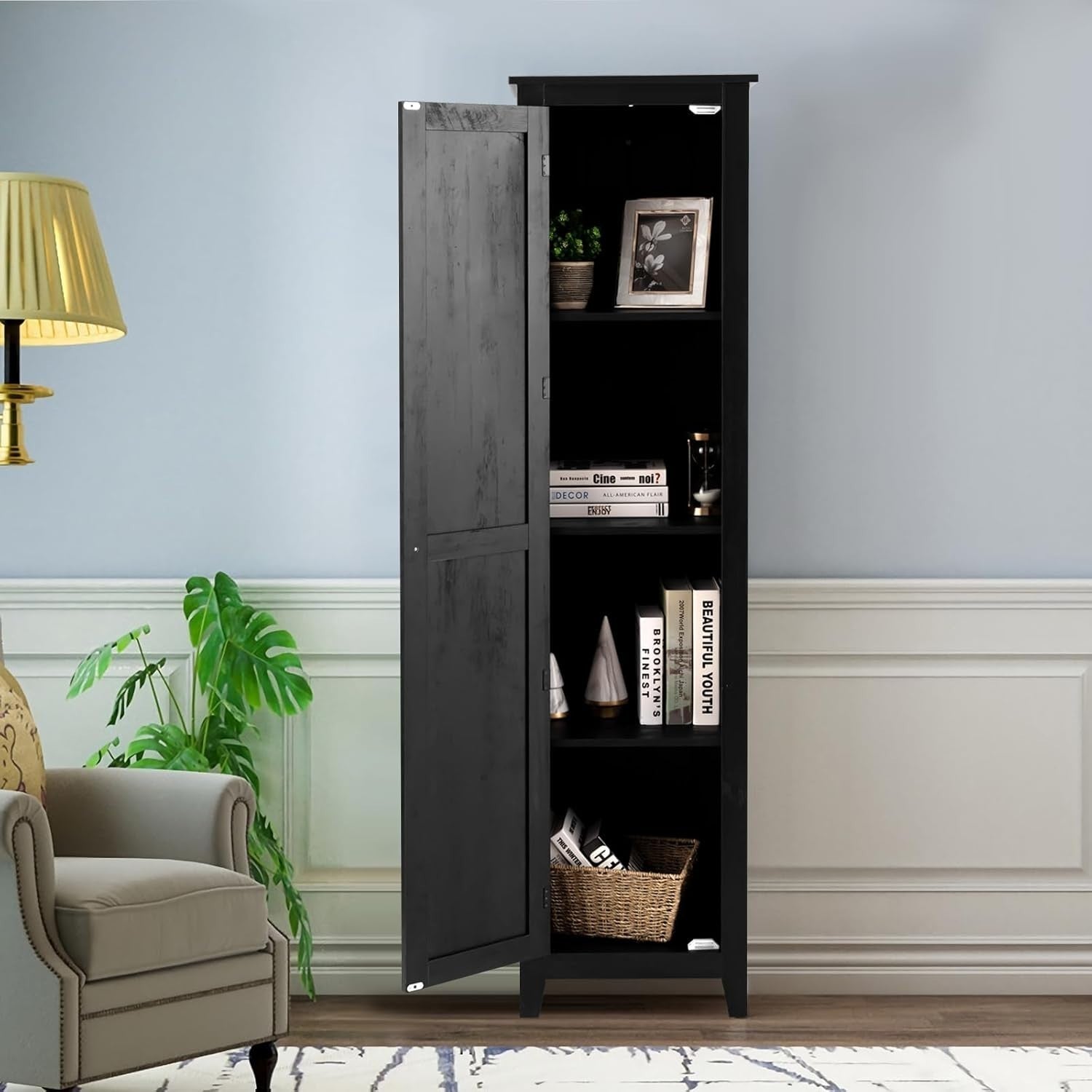 Tall Bathroom Storage Cabinet with 4 Shelves, Magnetic Door & Raised Feet