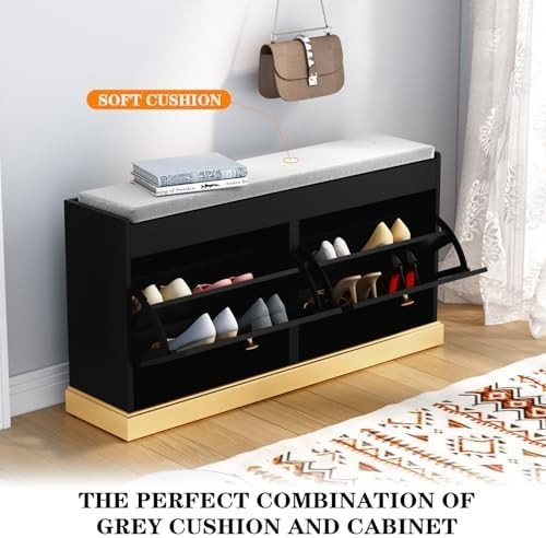 Black Shoe Storage Bench with Cushion Flip Drawer Modern Hallway Cabinet