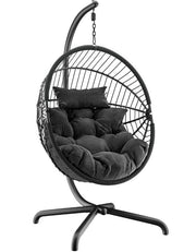 Hanging Egg Chair Garden Swing Seat Rattan Black with Cushion & Steel Frame