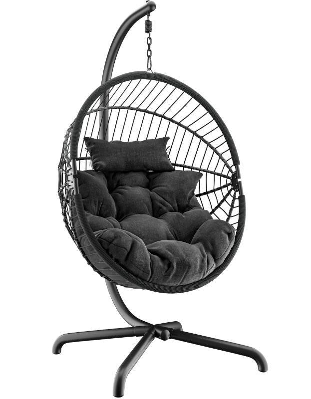 Hanging Egg Chair Garden Swing Seat Rattan Black with Cushion & Steel Frame