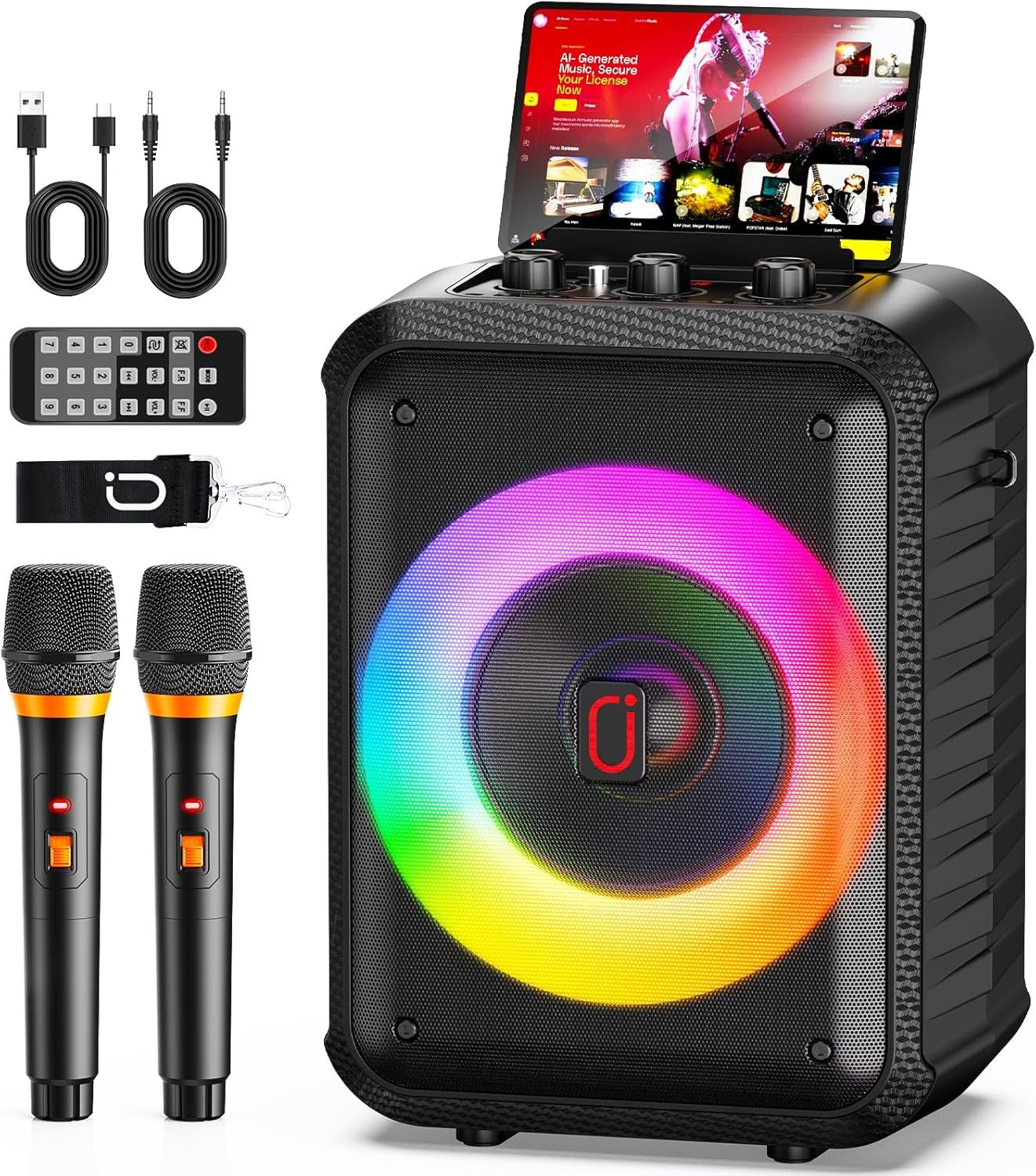 Portable Karaoke Machine 2 Wireless Mics Bluetooth PA DJ Lights