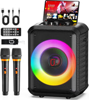 Portable Karaoke Machine 2 Wireless Mics Bluetooth PA DJ Lights