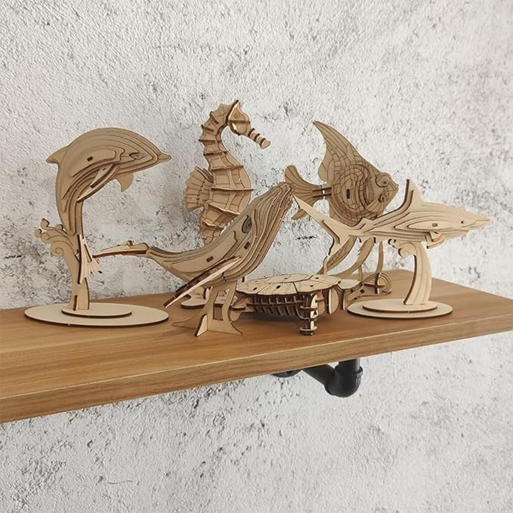 Wooden 3D Sea Life Puzzle Set – 6 Marine Animal Models with Stands, DIY Kit