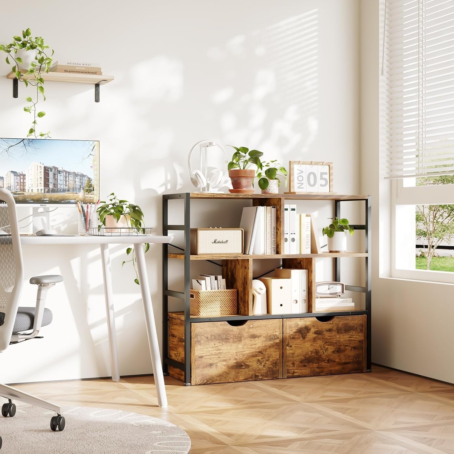 4 Tier White Bookcase with 2 Drawers Modern Storage Shelf for Living Room Brown