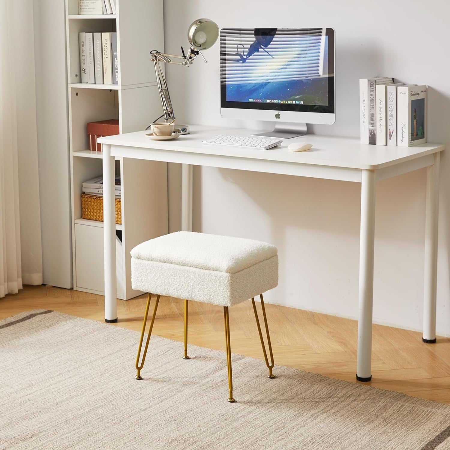 White Teddy Velvet Storage Ottoman Stool Modern Footrest Dressing Table Seat