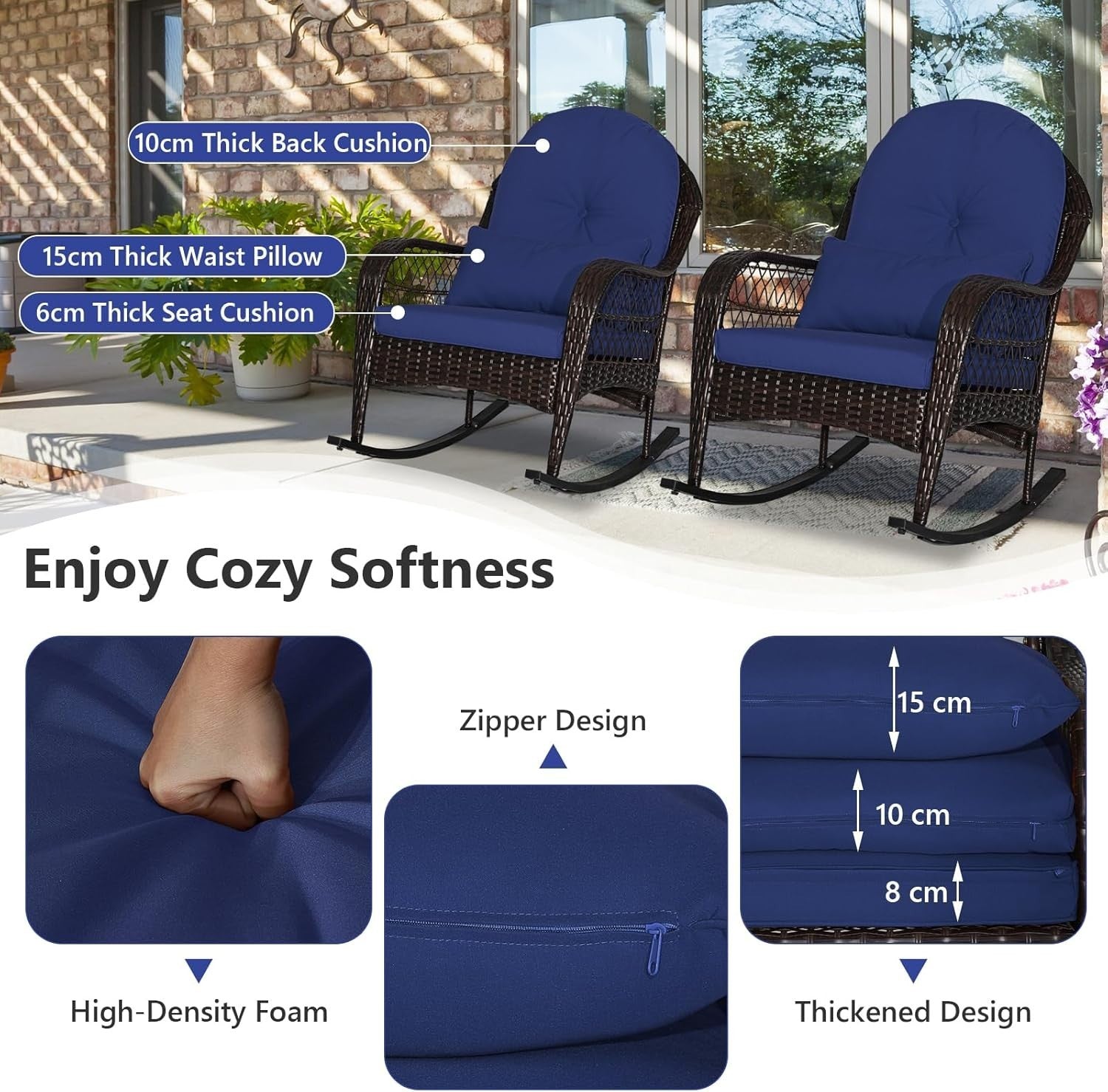 Rattan Garden Rocking Chair Outdoor Patio Seat w/ Cushions & Lumbar