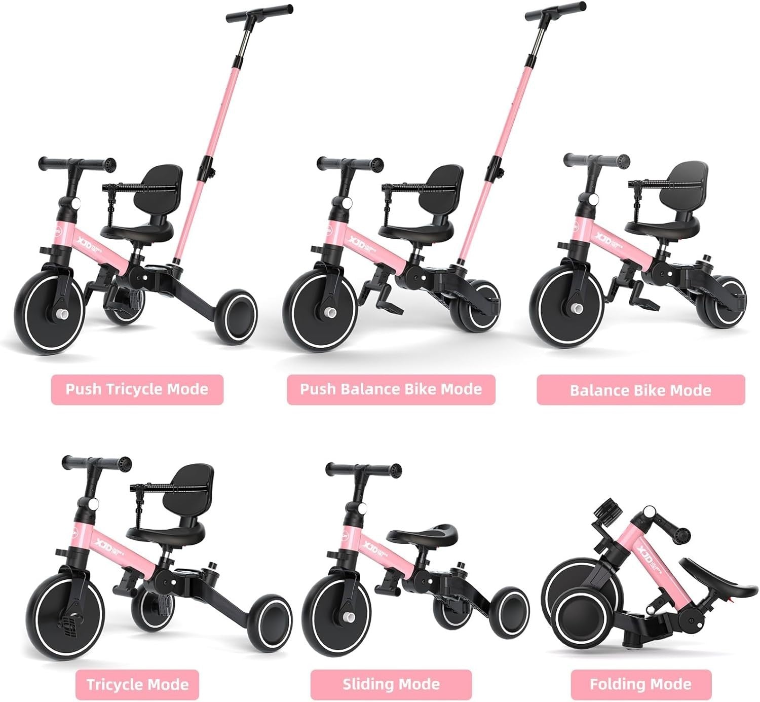 6 in 1 Foldable Toddler Tricycle Push Bike Adjustable Handle Pink 1-4Y