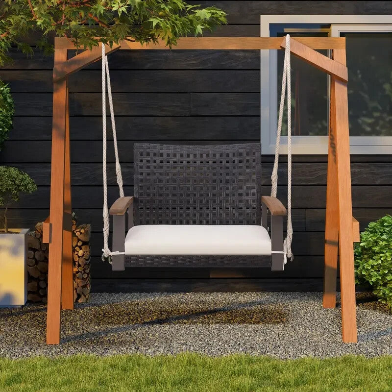 Rattan Porch Swing 2-Seater Acacia Armrests Outdoor Hanging Chair 180 kg