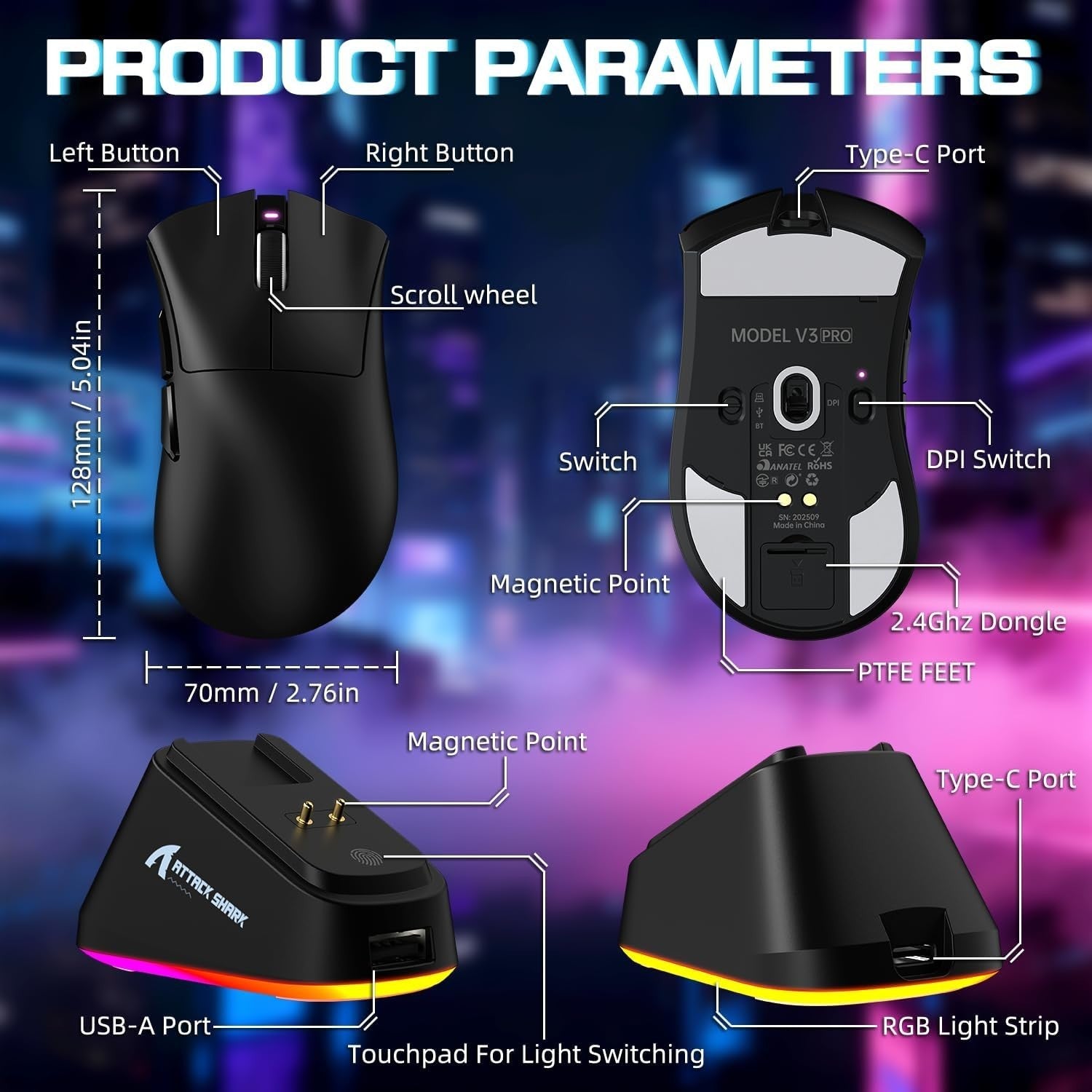 Wireless Gaming Mouse 25000 DPI 65g RGB Dock 100M Clicks Black
