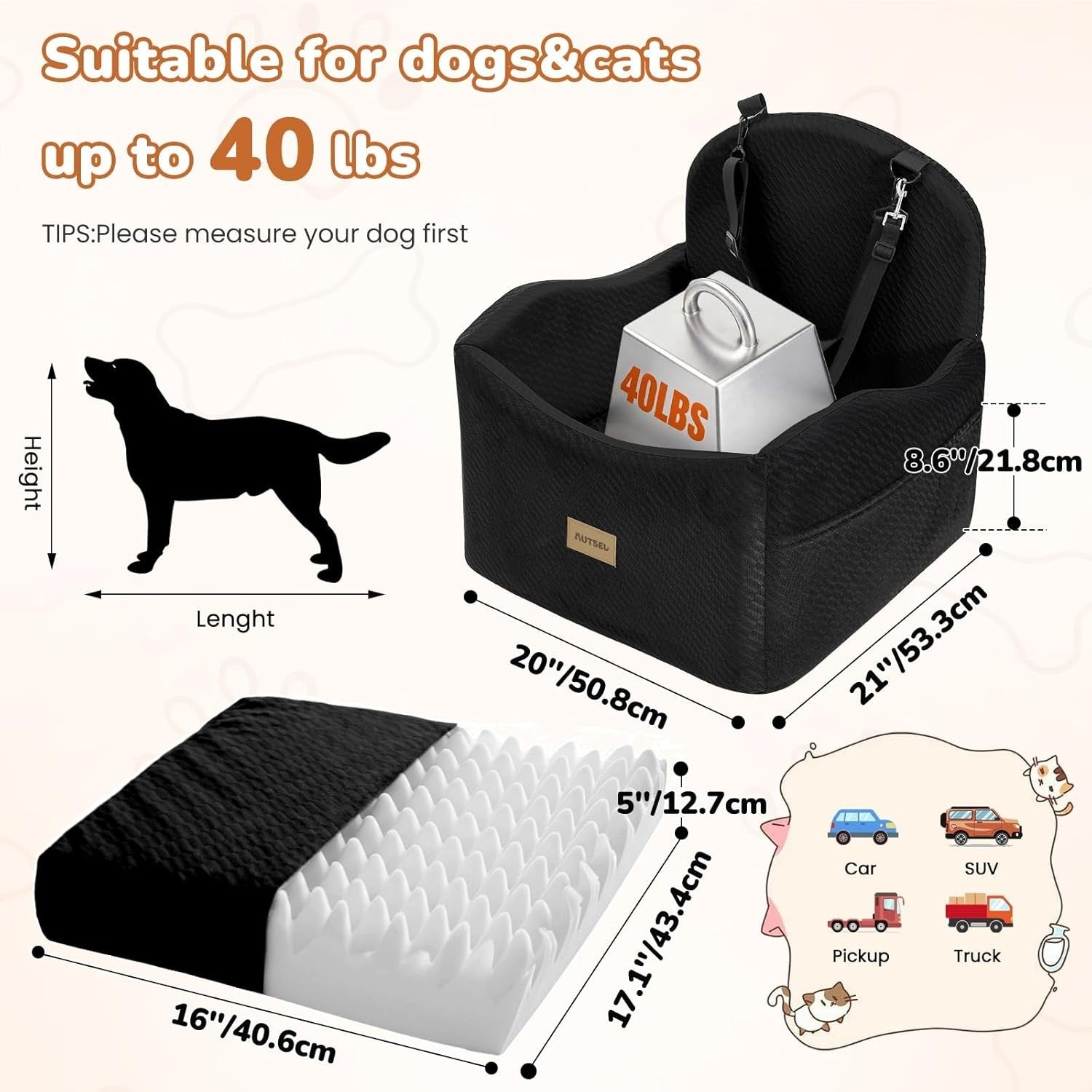 Dog Booster Car Seat Washable Travel Bed Safety Leash 40lb Black