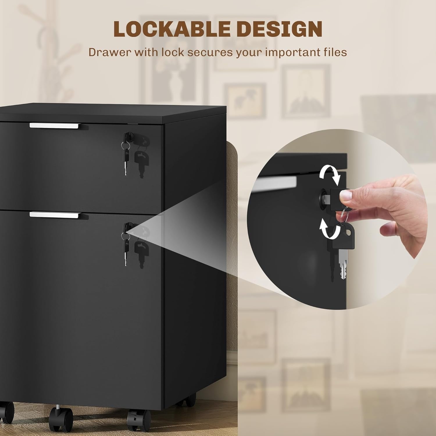 Black Mobile File Cabinet 2 Drawer Lockable Under Desk A4 Letter
