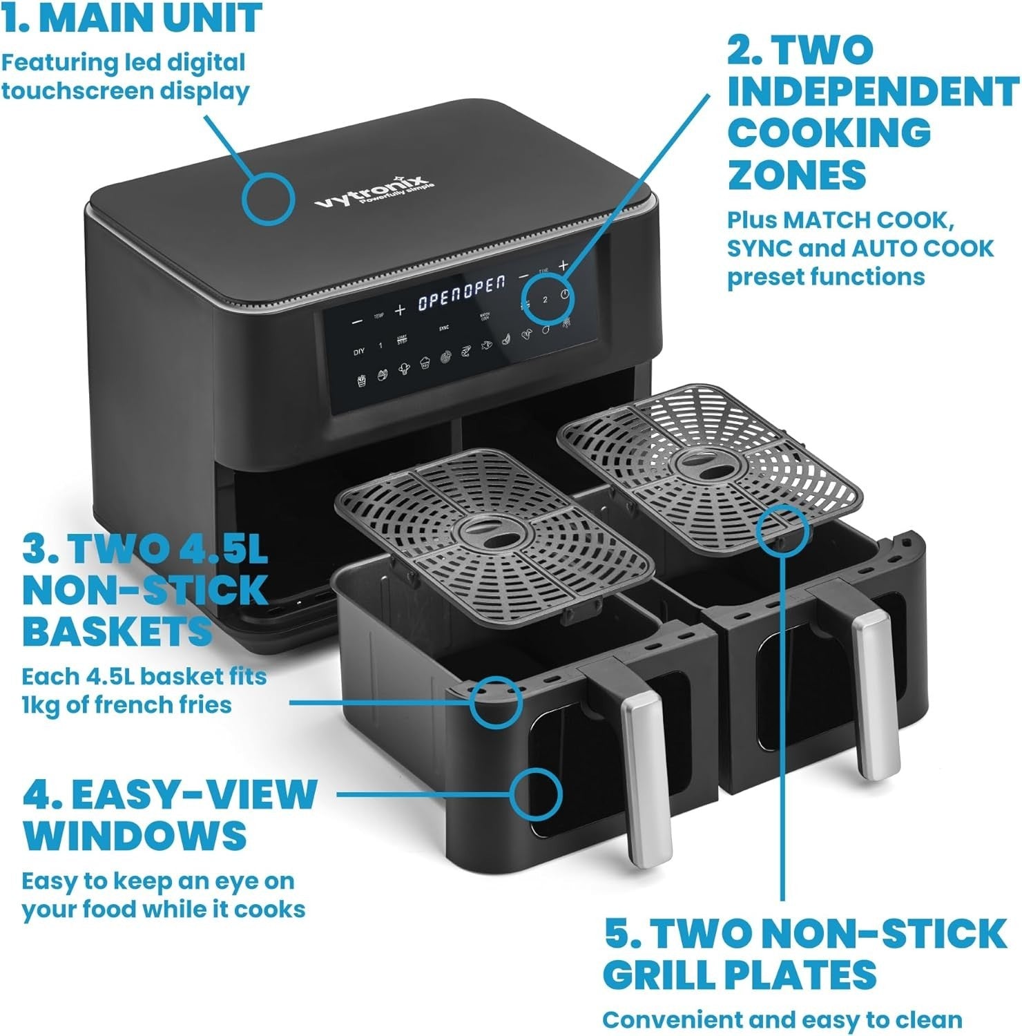 9L Dual Zone Air Fryer 2400W | Twin Drawers + Viewing Windows | 11 Presets