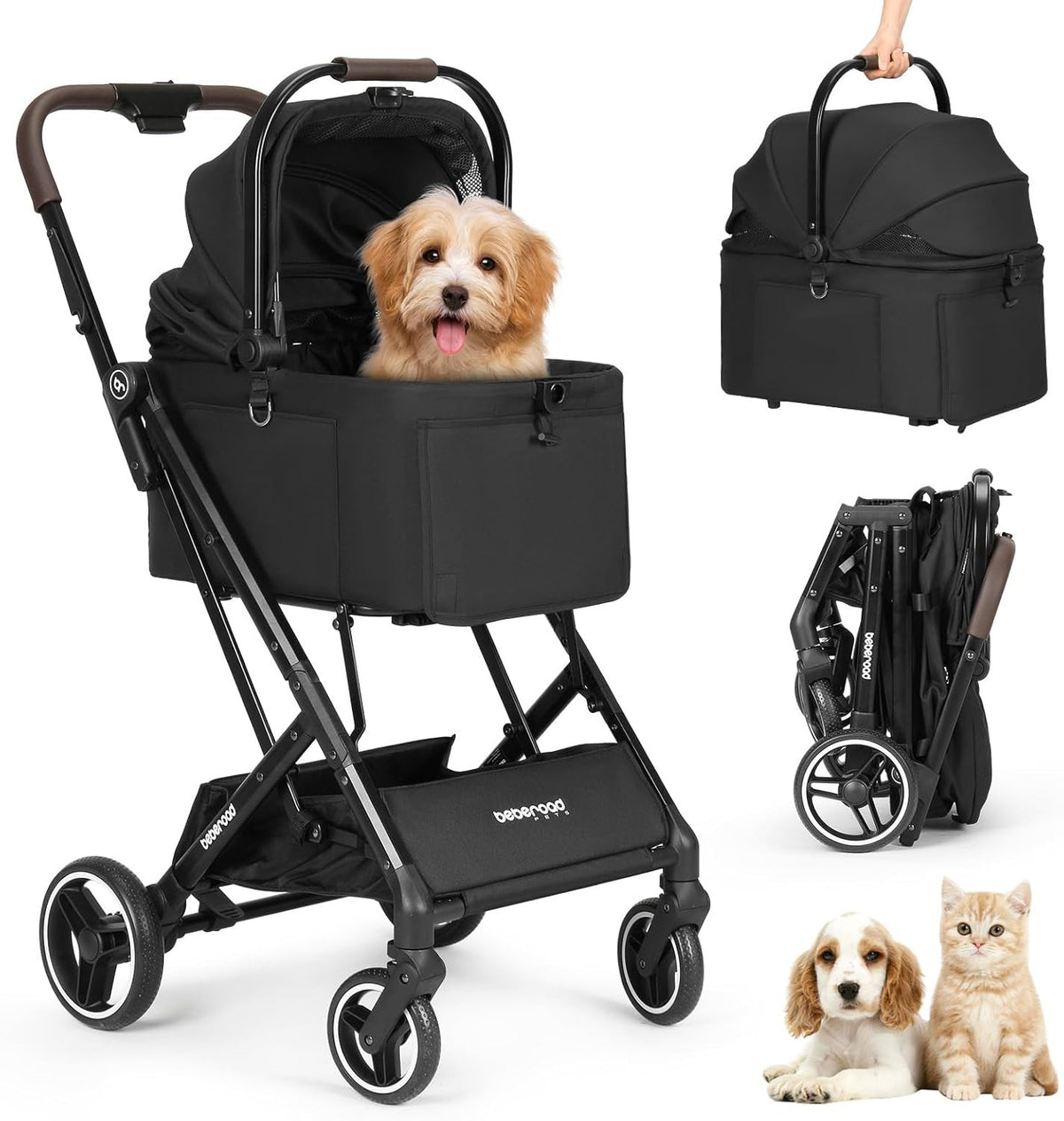 Pet Stroller Dog Pram 3 in 1 Detachable Carrier Foldable for Small Pets