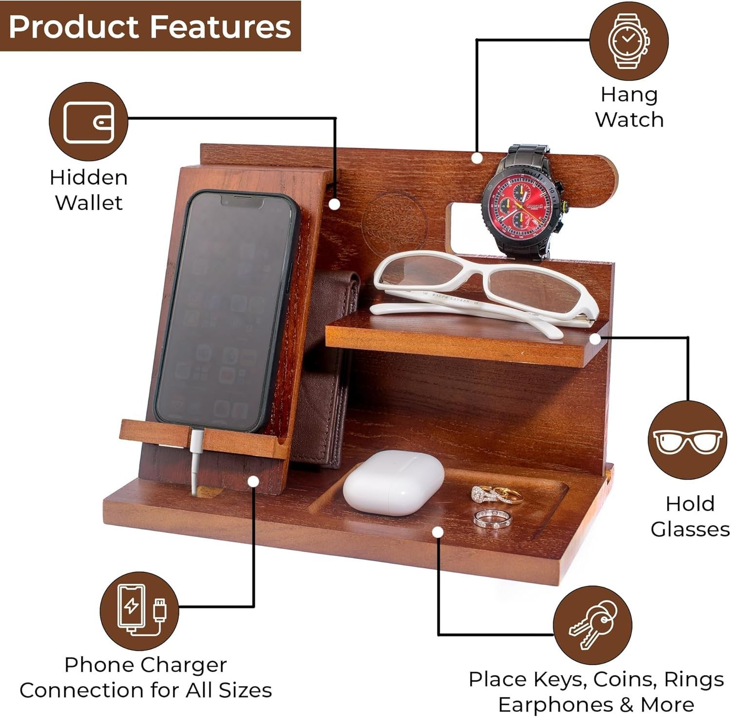 Wooden Desk Organizer & Phone Docking Station for Men – Bedside Caddy