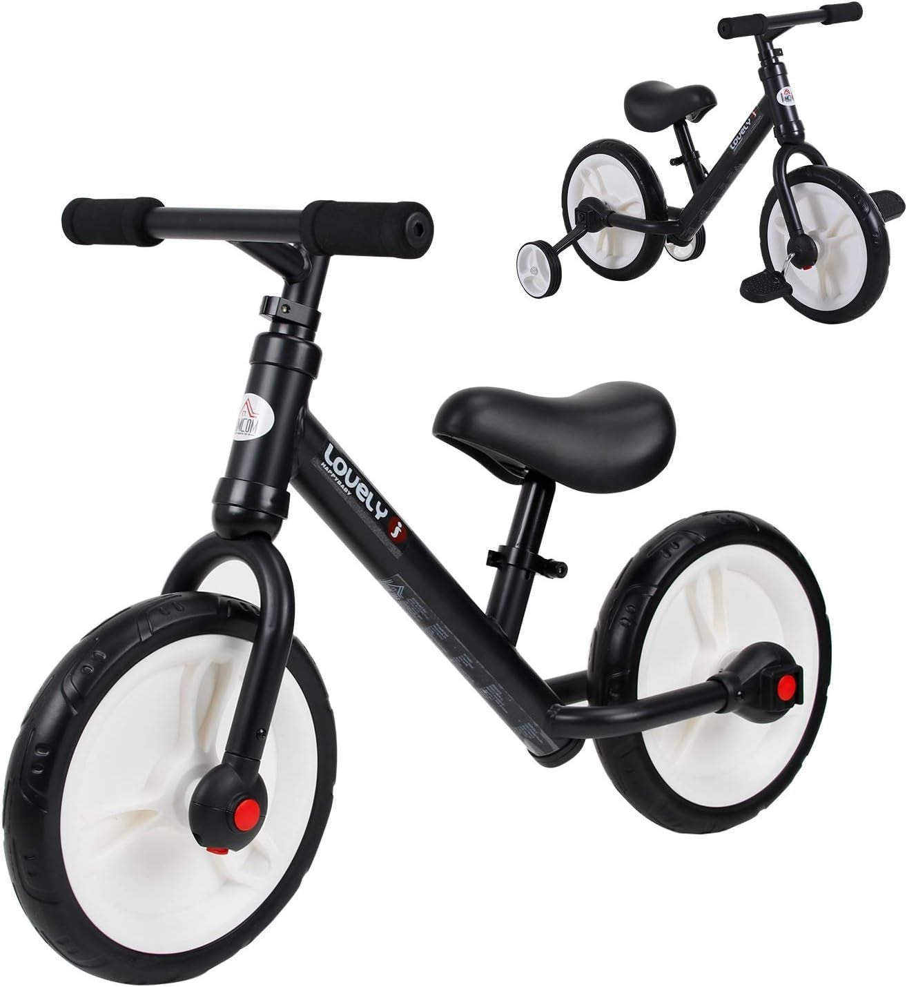 Kids Balance Bike 2 In 1 Training Bicycle Stabilisers Black Age 2-5